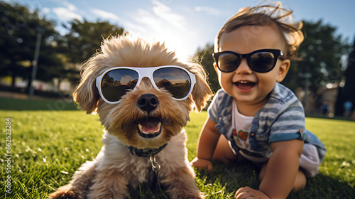 芝生の上でサングラスをかけた犬と笑顔の赤ちゃんのアップ写真 photo