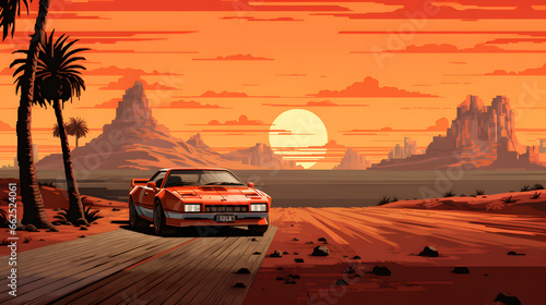 Car racing on street sunset, illustration, concept art pixel art, game art, retro futuristic, generative AI	