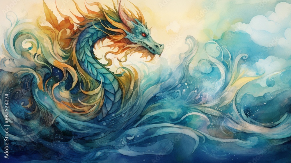 space for text on textured background surrounded by an amazing whimsical dragon in water color style, background image, AI generated