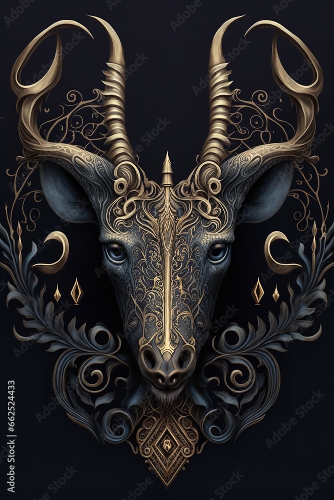 Digital art of a goat head with gold horns and floral patterns on a black background, a stunning and majestic depiction of a wild creature.