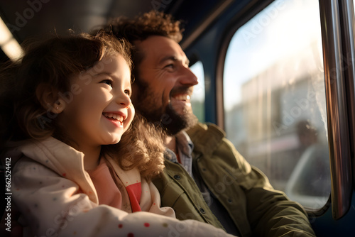 Happy Daughter and Father in a Train smiling - Early Parent Child Connection - Family Together Relationship Concept