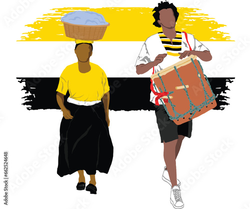 Lady with basket on head and a man with drums