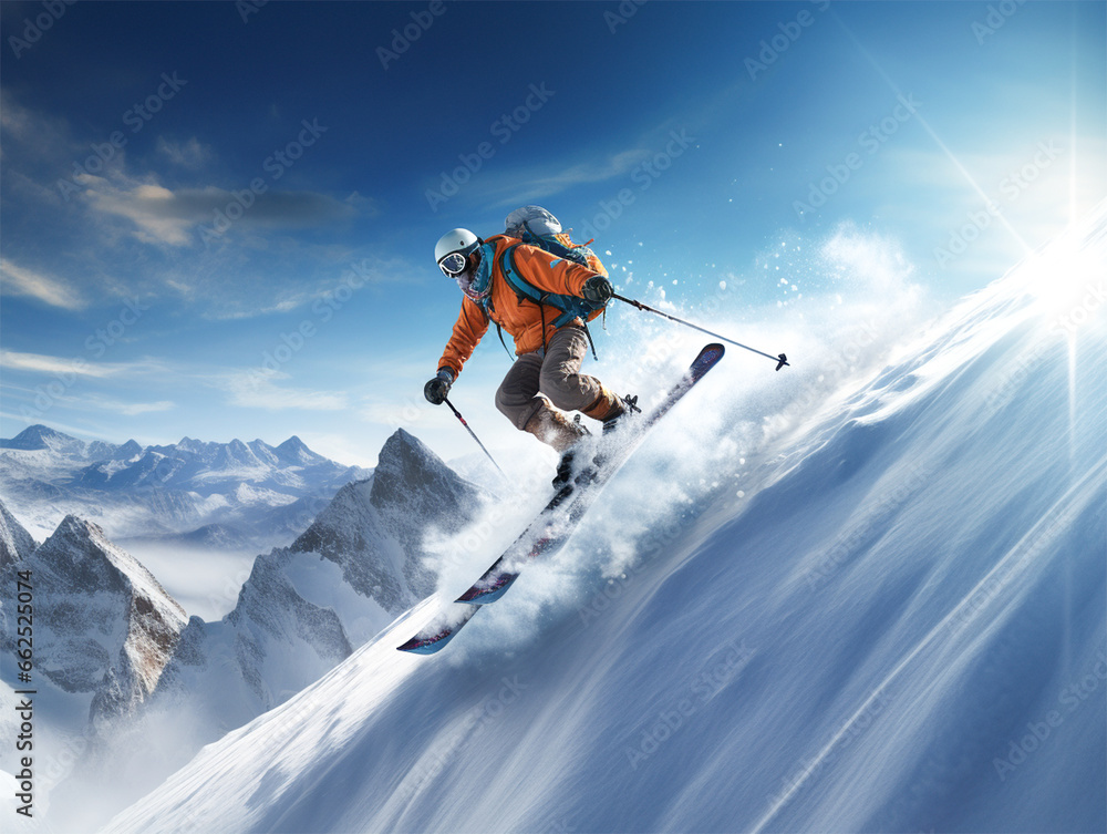 An athlete skier makes a jump on a snow mountain. Winter extreme sports concept.