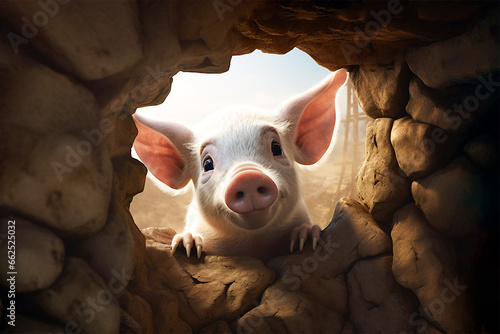 Cute little pig looks inside from a window hole made of stones photo