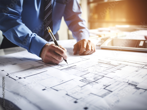 Architect checking on design blueprint laid out on table. Civil engineering or building construction concept.