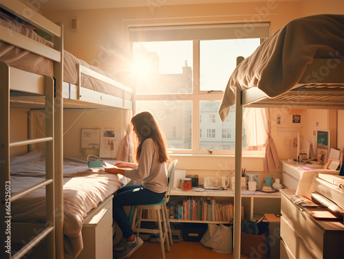 Female student in her shared dorm hostel. University or college life concept.