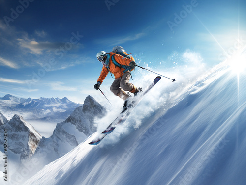 An athlete skier makes a jump on a snow mountain. Winter extreme sports concept. © sinseeho