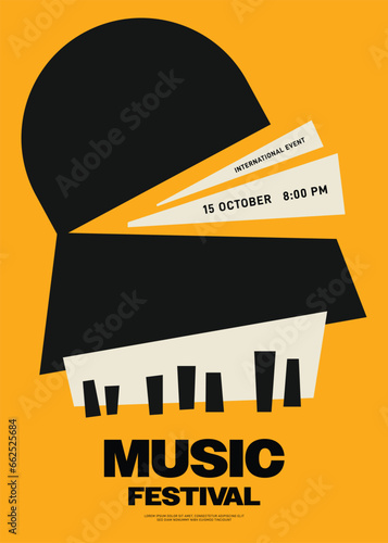Music festival poster template design background with piano keyboard vintage retro style