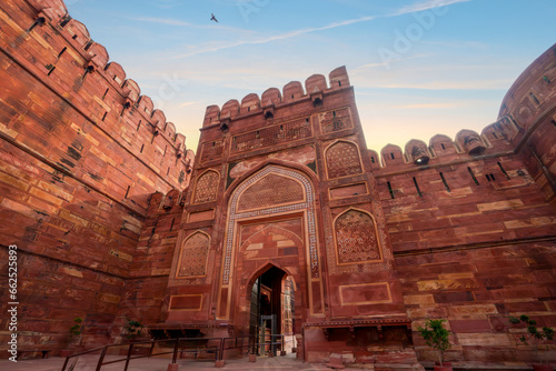 Amar Singh Gate Entrance to the Red Fort, Uttar Pradesh, India. Agra Fort is a historic red sandstone fort and a UNESCO World Heritage Site. photo