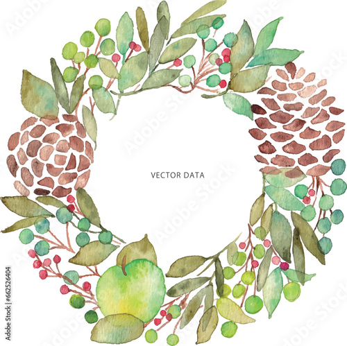 水彩画。水彩タッチのナチュラルベクターリースイラスト。植物のリース。Watercolor painting. Natural vector wreath illustration with watercolor touch. Wreath of plants.