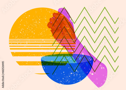 Risograph clenched, raised fists with geometric shapes, trendy riso graph design.