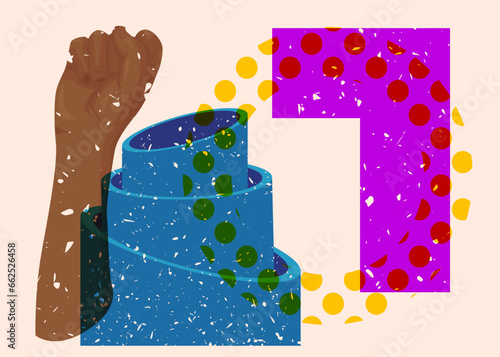 Risograph clenched, raised fists with geometric shapes, trendy riso graph design.
