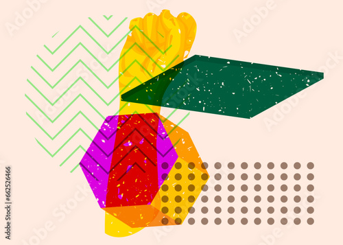 Risograph clenched, raised fists with geometric shapes, trendy riso graph design.
