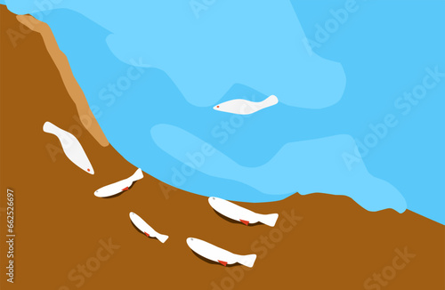 dead fish affected by poison. stranded fish. environmental pollution concept