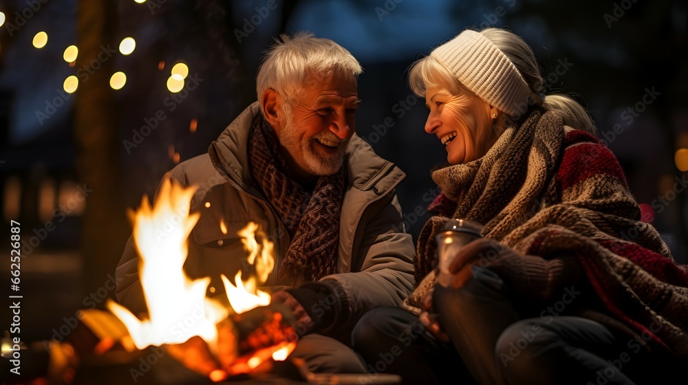a elderly couple sitting next to a bonfire a elderly couple sitting next to a bonfire