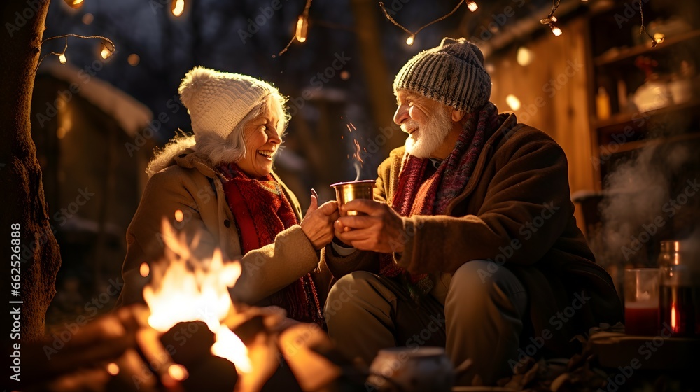 a elderly couple sitting next to a bonfire