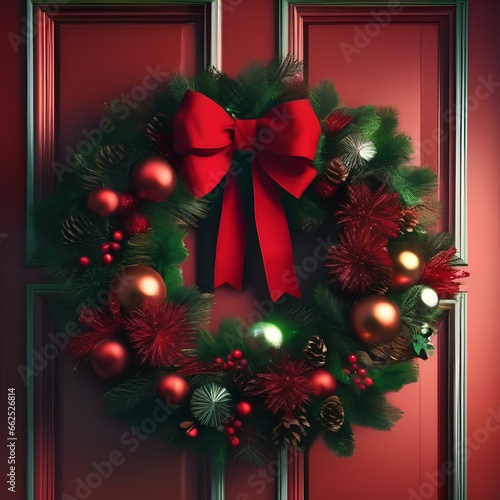 A classic red and green wreath hanging on a door with a big festive bow3 photo