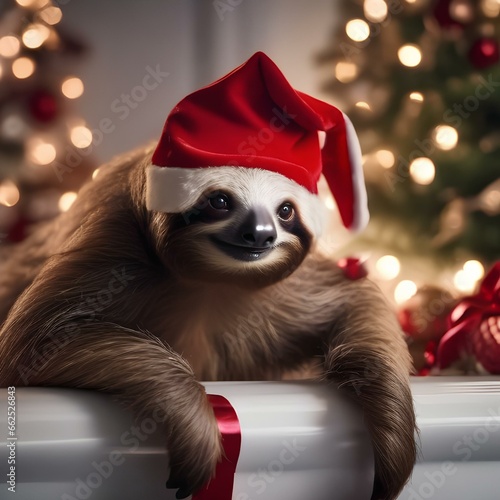 A curious sloth hanging from a branch in a Santa suit, slowly unwrapping a present1