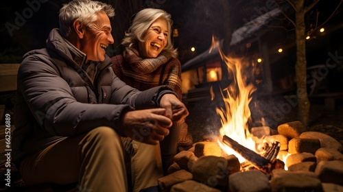 a elderly couple sitting next to a bonfire