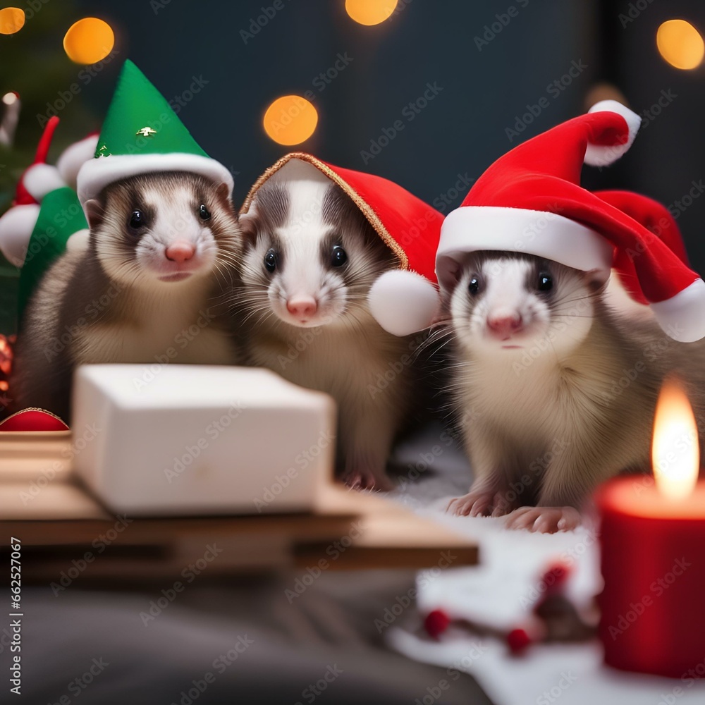 A group of playful ferrets wearing tiny elf hats while exploring a holiday-themed play area2 A group of playful ferrets wearing tiny elf hats while exploring a holiday-themed play area2