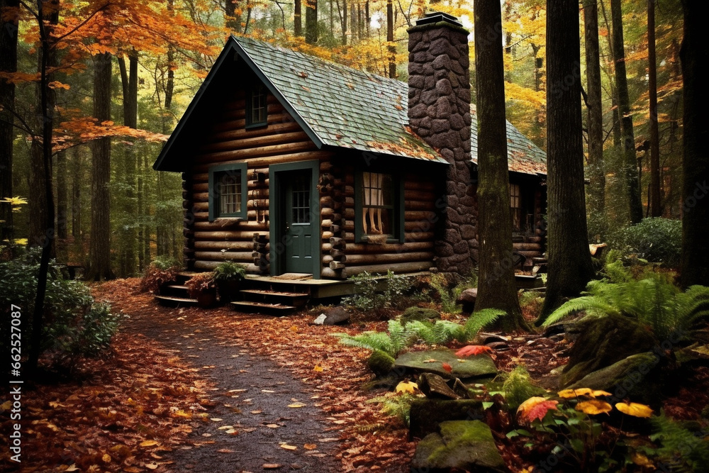 Fall cabin in the woods, log cabin, fall forest