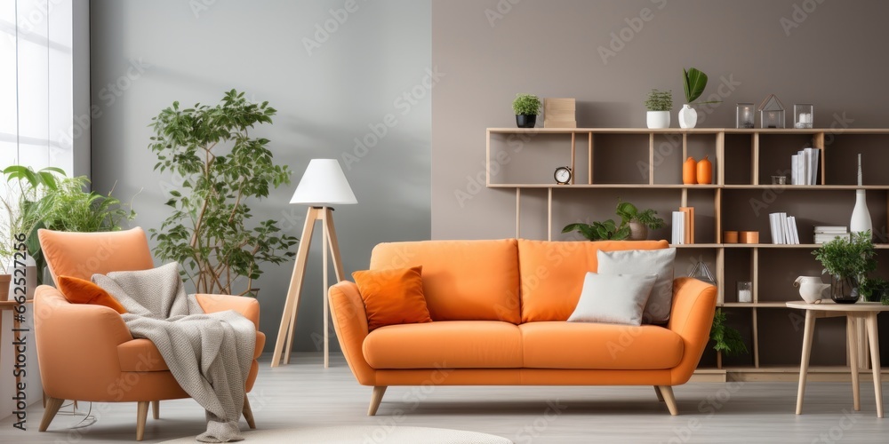 Fototapeta premium orange sofa and recliner chair in scandinavian apartment, generative AI