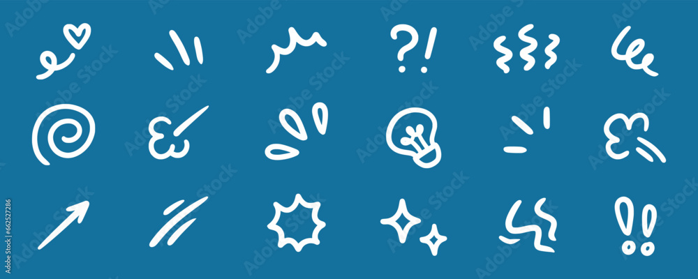 Fototapeta premium Line movement effect element, express anime effect decoration icon. Hand drawn cute doodle line element arrow, emphasis, shock, sparkle. Anime movement, express shape. Vector illustration