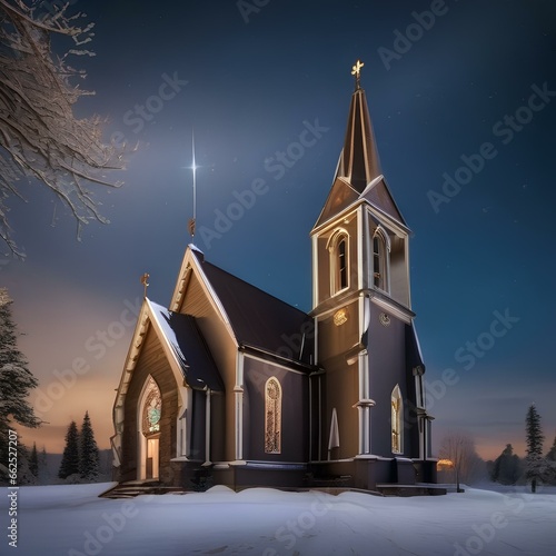 Fotobehang A picturesque church with a tall steeple and a starry night sky on Christmas Eve