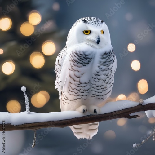 A snowy owl perched on a snowy branch adorned with twinkling Christmas lights2 photo