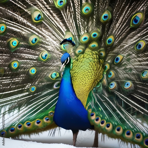 A majestic peacock displaying its vibrant tail feathers in a snowy forest5 photo