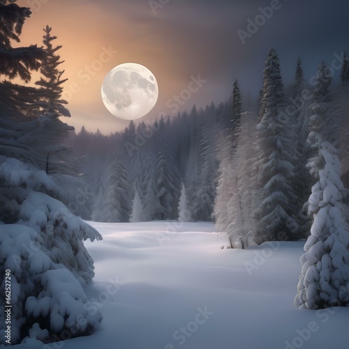 A snowy forest at dusk with a full moon shining through the trees4 photo