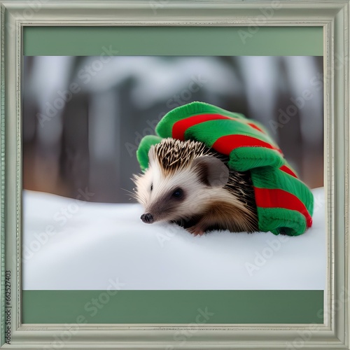 A happy hedgehog wearing a green and red striped scarf while rolling in the snow1 photo