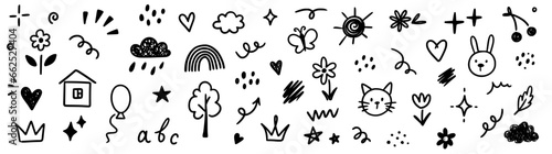 Hand drawn kid icon sketch funny cute element flower, cloud, balloon. Doodle line sketch childish element set. Flower, heart, cloud children draw style design elements background. Vector illustration