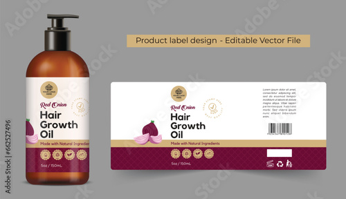 Onion hair oil label design, private label design for onion hair growth oil branding, packaging design for oil label, bottle label design, Made with natural ingredients, editable template vector file