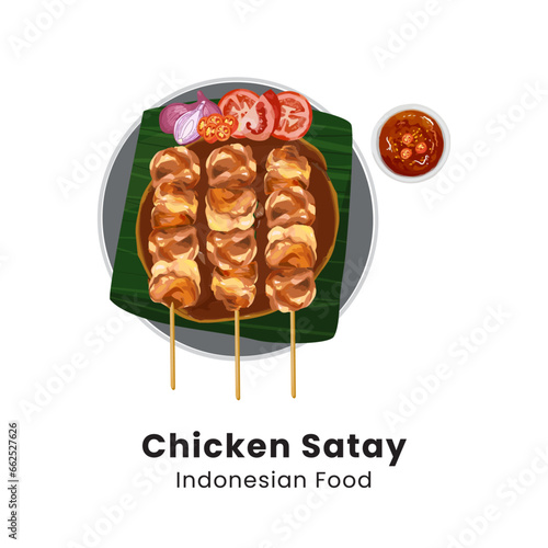 Indonesian famous food : sate ayam (chicken satay) , served with peanut sauce. Hand drawn watercolor vector illustration