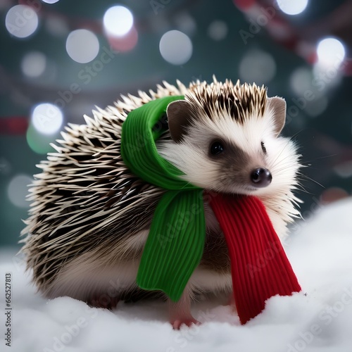 A happy hedgehog wearing a green and red striped scarf while rolling in the snow4 photo