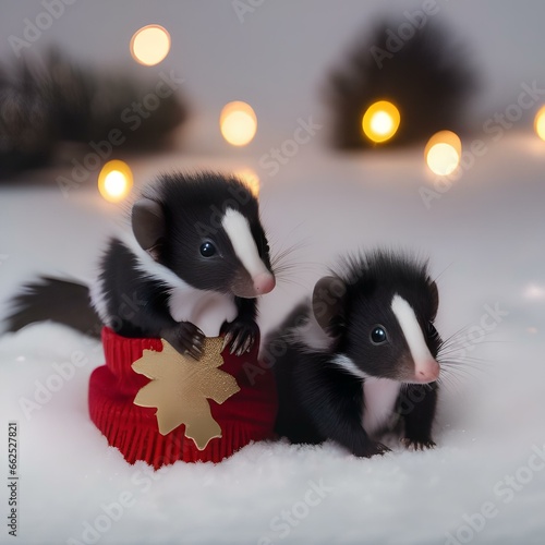 A group of baby skunks wearing tiny Christmas socks and exploring the snow1