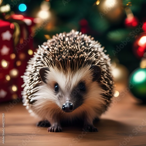 A hedgehog family in matching Christmas sweaters, gathered around a tiny holiday tree3 photo