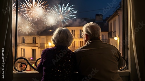 elderly couple watching a festuve fireworks over the night city