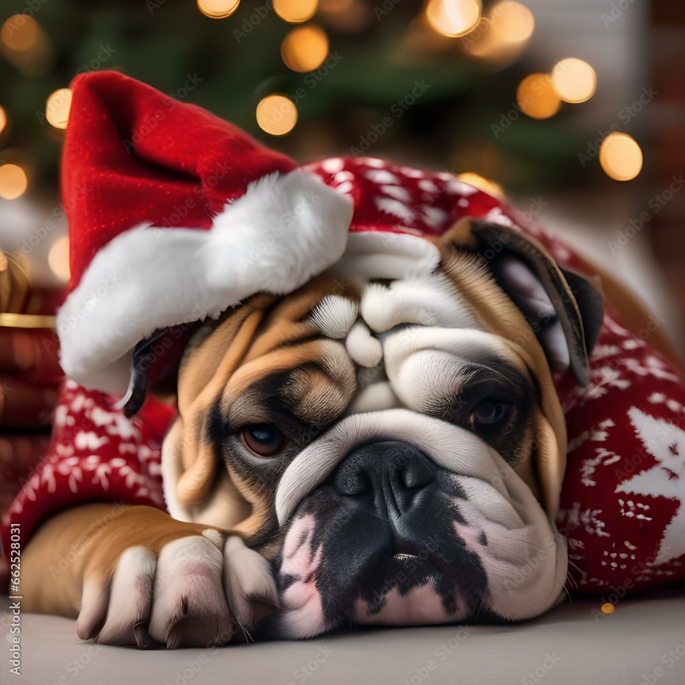 A sleepy bulldog cozied up in a red and white Christmas sweater by the fireplace4