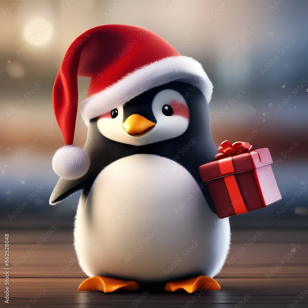 A cute penguin dressed as Santa Claus with a red hat and a tiny gift bag1