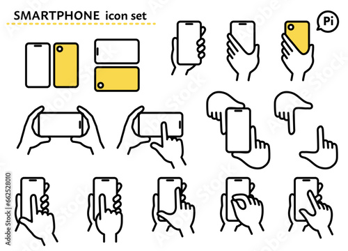 シンプルな線画のスマートフォンと手のアイコンセット photo