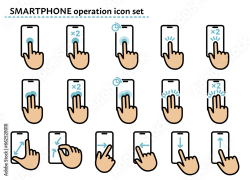 シンプルな線画のスマートフォンと手のアイコンセット