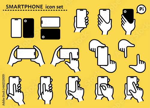 シンプルな線画のスマートフォンと手のアイコンセット