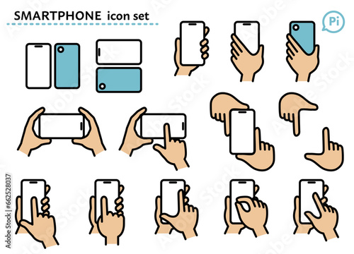シンプルな線画のスマートフォンと手のアイコンセット