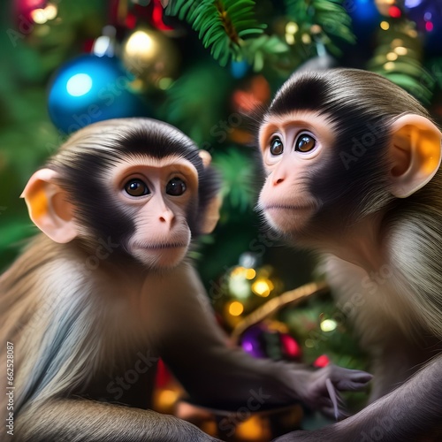 A pair of capuchin monkeys decorating a Christmas tree with colorful ornaments5 photo