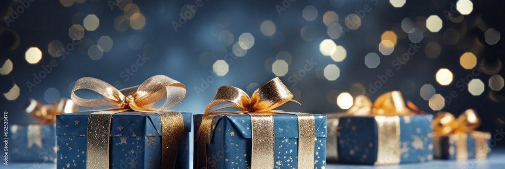 Christmas gift boxes with gold bow on blue defocused holiday background, generative AI - obrazy, fototapety, plakaty 