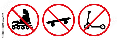 The icon of the prohibition of skating on skateboards, roller skates and scooters. EPS10