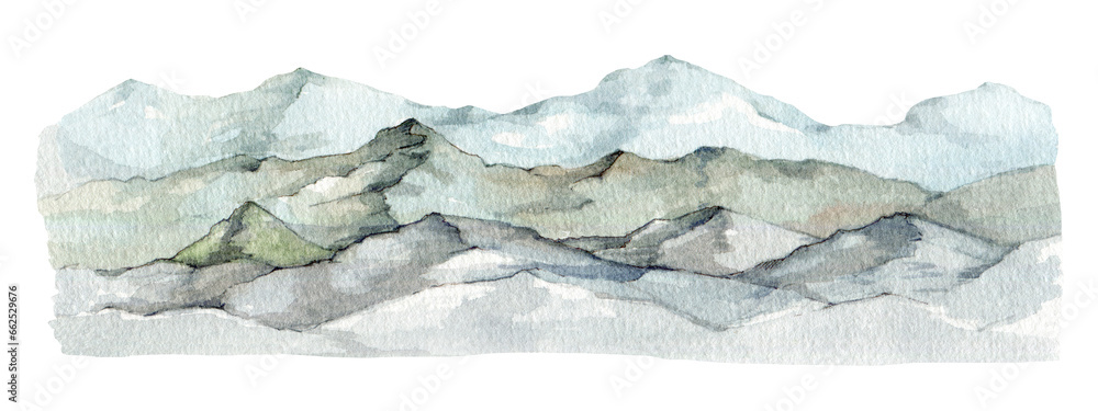 High mountain range landscape. Watercolor painted illustration. Hand drawn hills element. Rocky mountains natural landscape. Mountain range isolated on white background - obrazy, fototapety, plakaty 
