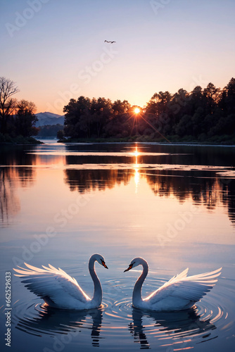 swans on the lake at sunset